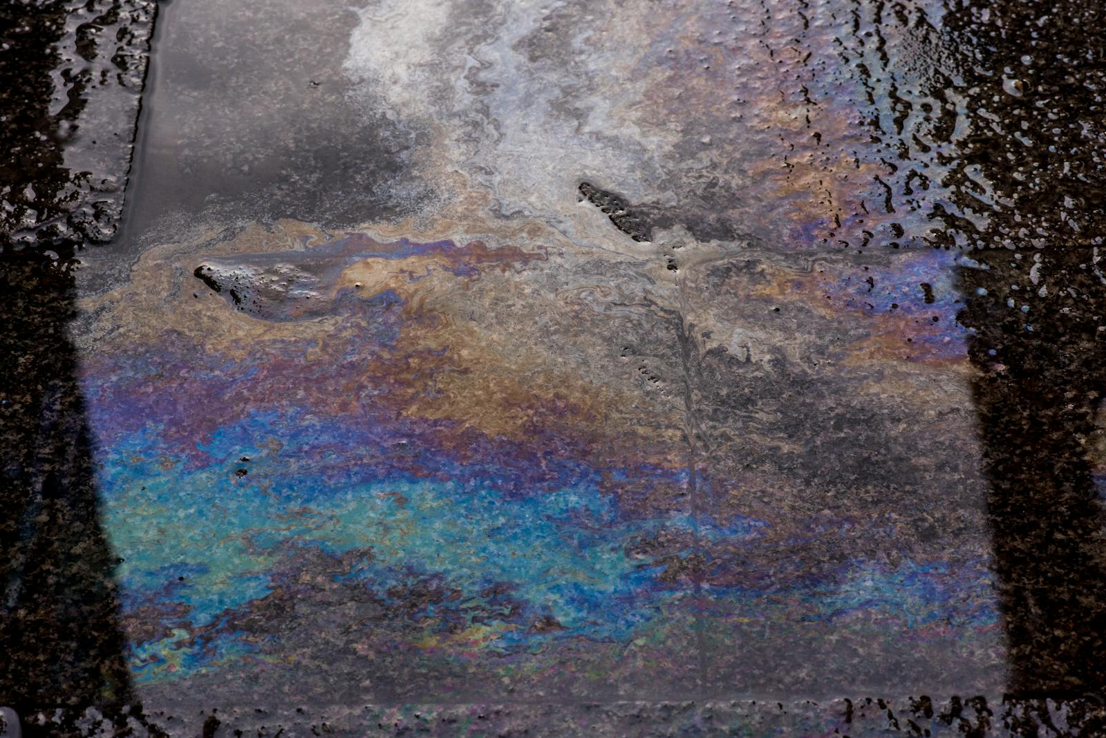 Photo by Victor Moragriega Rainbow-like oil spill pattern on wet asphalt creates vivid color display.