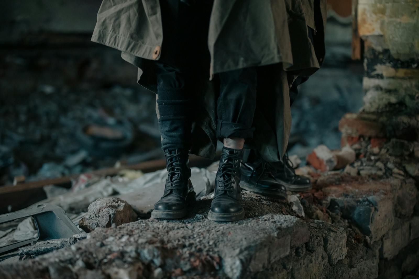 Dark atmospheric image of boots on rubble in a desolate urban setting.