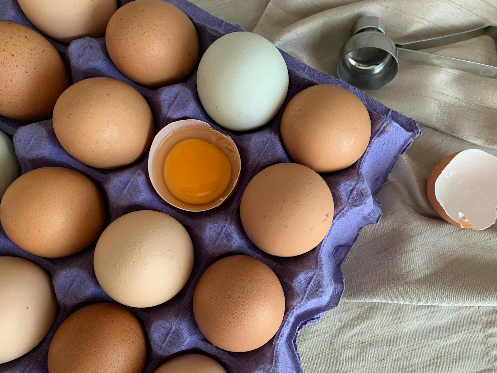 Photo by Raquel Tinoco Assorted chicken eggs in a purple carton tray with one cracked egg yolk, viewed from above.
